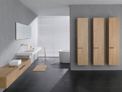 Badezimmerimpression mit drei modernen Schrankelementen auf Trennwand