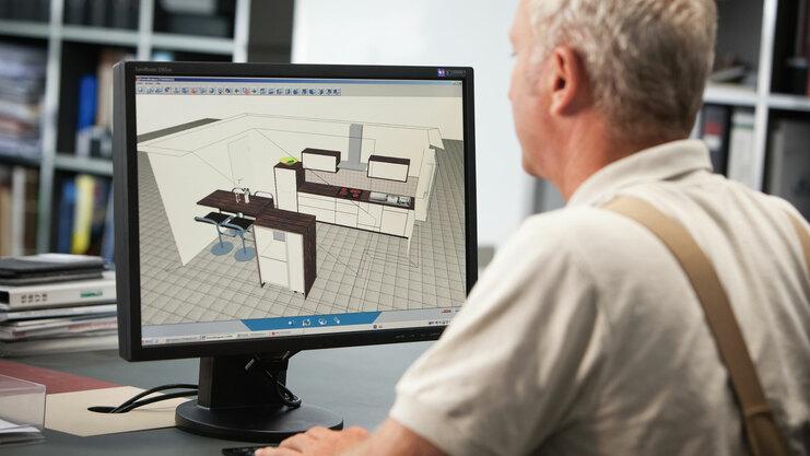 Planungsdarstellung einer Küche in 3D am Computer durch #Branche1#