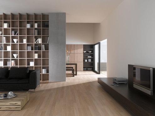 Offene Wohnraumimpression mit Einbauregal in Trennwand Offene Wohnraumimpression mit Einbauregal für Bücher und Dekoration in Trennwand mit hellem Holzboden
